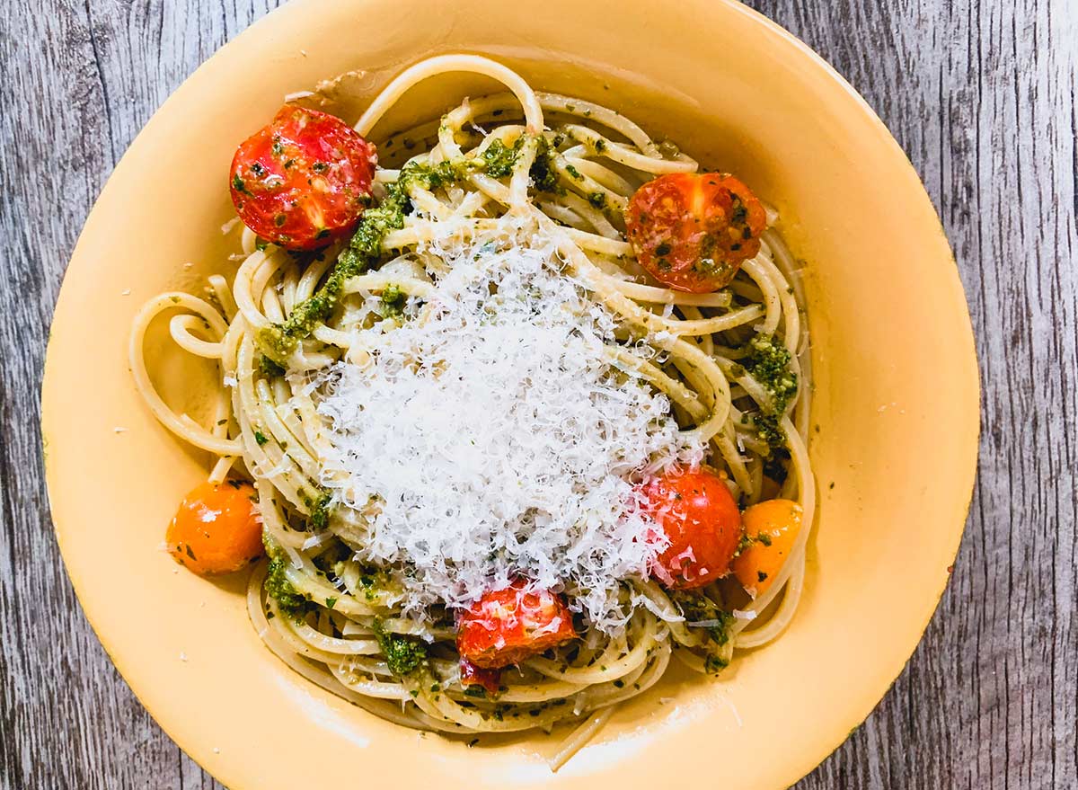 basil pesto pasta with fresh parmesan cheese